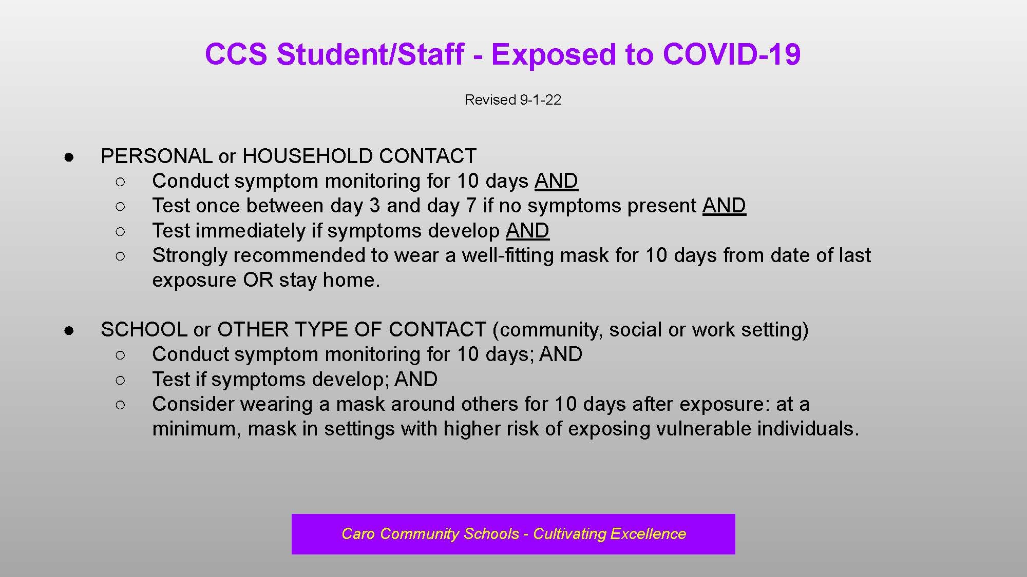PERSONAL or HOUSEHOLD CONTACT ○ Conduct symptom monitoring for 10 days AND ○ Test once between day 3 and day 7 if no symptoms present AND ○ Test immediately if symptoms develop AND ○ Strongly recommended to wear a well-fitting mask for 10 days from date of last exposure OR stay home. ● SCHOOL or OTHER TYPE OF CONTACT (community, social or work setting) ○ Conduct symptom monitoring for 10 days; AND ○ Test if symptoms develop; AND ○ Consider wearing a mask around others for 10 days after exposure: at a minimum, mask in settings with higher risk of exposing vulnerable individuals.